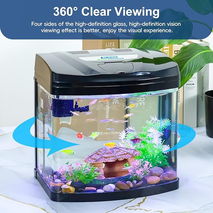 4 Gallon Glass Aquarium Starter Kit with Flip-Top Feeding Port for Betta Fish: Crystal Clear 360° Viewing, Eco-Cycle Filtration, Air Pump, and LED Lighting-PawvioPets
