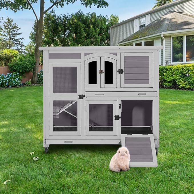 Aivituvin Rabbit Hutch Indoor, Bunny Cage with Wheels, 2-Story Design, 2 Deep Trays, Anti Slip Ramp, Ideal for Small Animals - Grey-PawvioPets