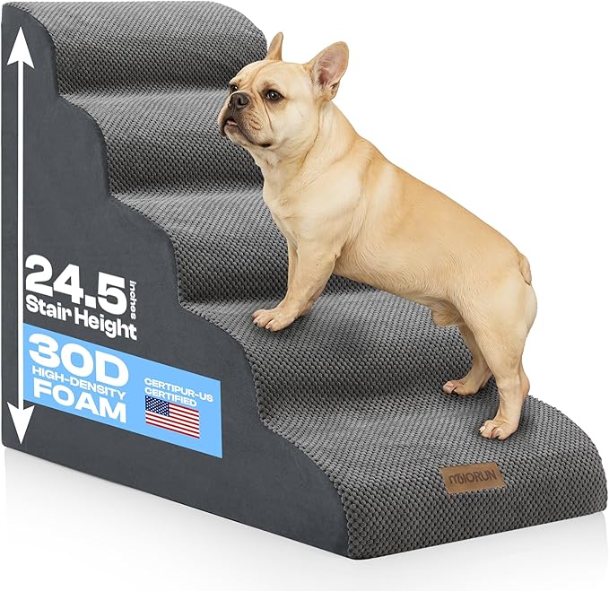 5-Step Curved Dog Stairs for High Beds Up to 30", Non-Slip Foam Pet Ramp for Large Dogs and Cats, Washable Cover, Soft Climbing Steps for Couch & Sofa-PawvioPets