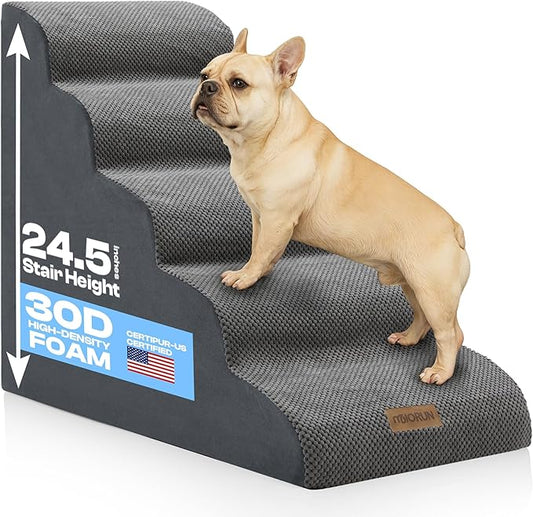 5-Step Curved Dog Stairs for High Beds Up to 30", Non-Slip Foam Pet Ramp for Large Dogs and Cats, Washable Cover, Soft Climbing Steps for Couch & Sofa-PawvioPets