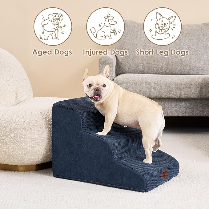 EHEYCIGA Curved Dog Stairs Ramp for Small Dogs 15.7" H, 3-Step Dog Steps for Couch Sofa and Chair, Pet Stairs for Cats, Non-Slip Balanced Pet Steps Indoor, Navy-PawvioPets
