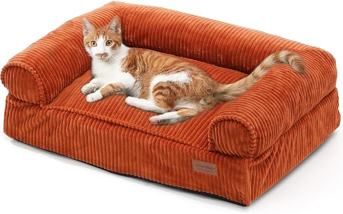 FUKUMARU Dog Couch Bed, Corduroy Cozy Cat Bed for Indoor Cats with Washable Cover, Supportive Waterproof Dog Beds Sofa for Small Dogs and Large Cats Cute, 28inch, Medium, Orange-PawvioPets