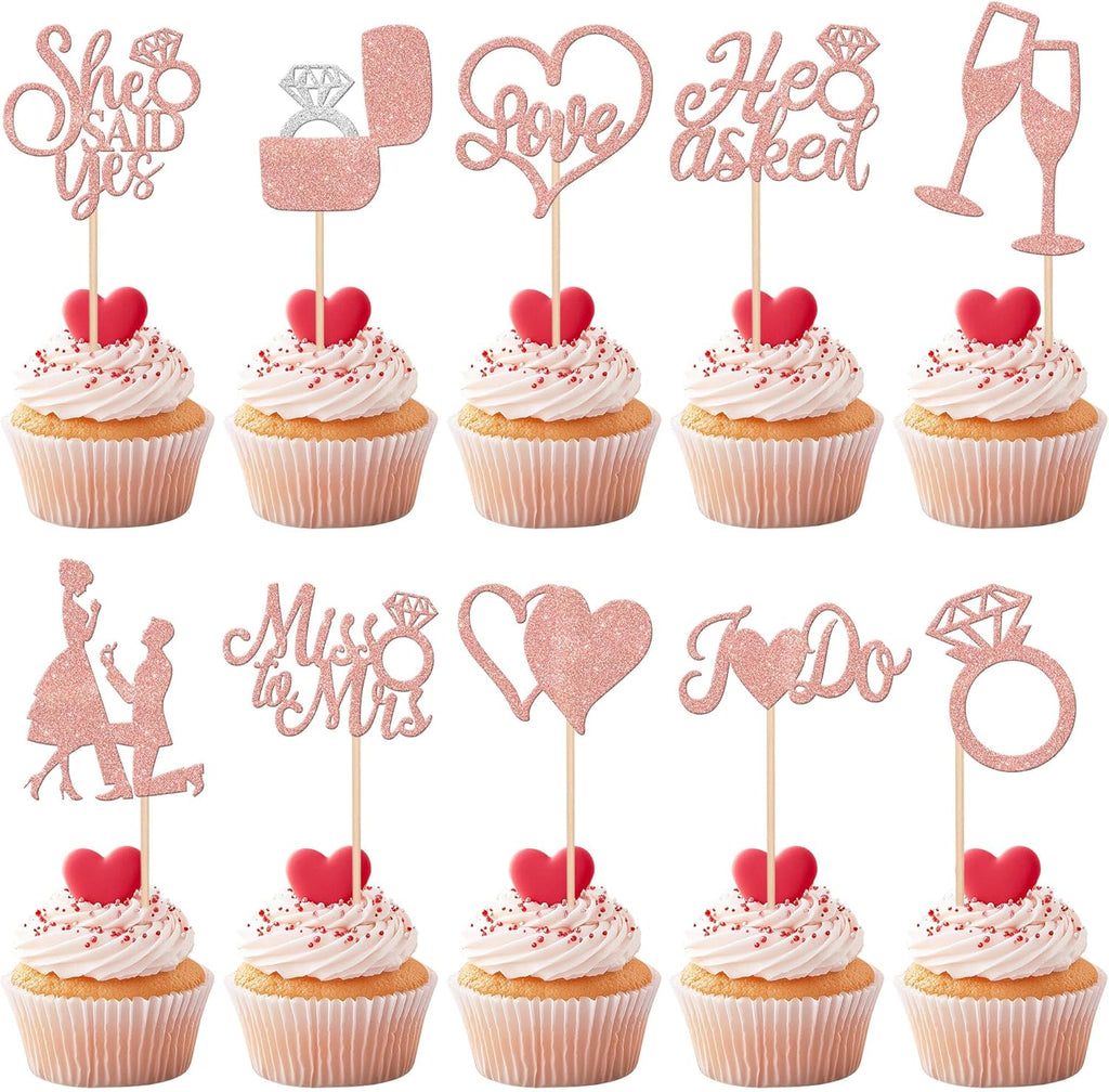 30 PCS He Asked She Said Yes Cupcake Toppers Glitter Wedding Engagement Cupcake Picks Miss to Mrs I Do Love Heart Ring Miss to Mrs Cake Decorations for Wedding Engagement Party Supplies Rose Gold