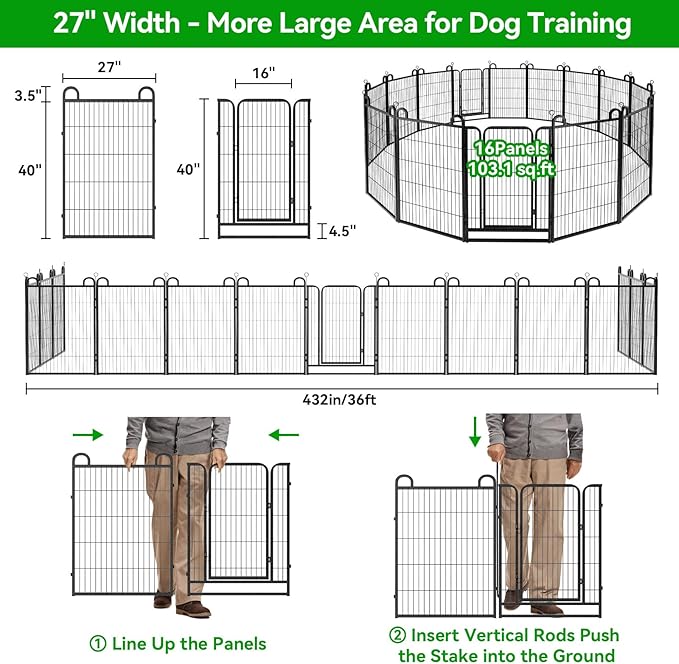 Dog Playpen Outdoor 16 Panels Heavy Duty Dog Fence 40" Height Anti-Rust with Doors Portable for RV Camping Yard, Total 36FT, 102 Sq.ft, Snowy Black-PawvioPets