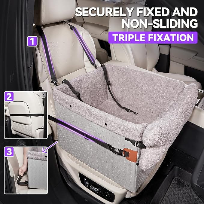 Dog Car Seats for Small Medium Dogs,PU Leather Car Seat Boosters,Foldable Puppy Cat Carseats (Grey, Medium Dog)-PawvioPets