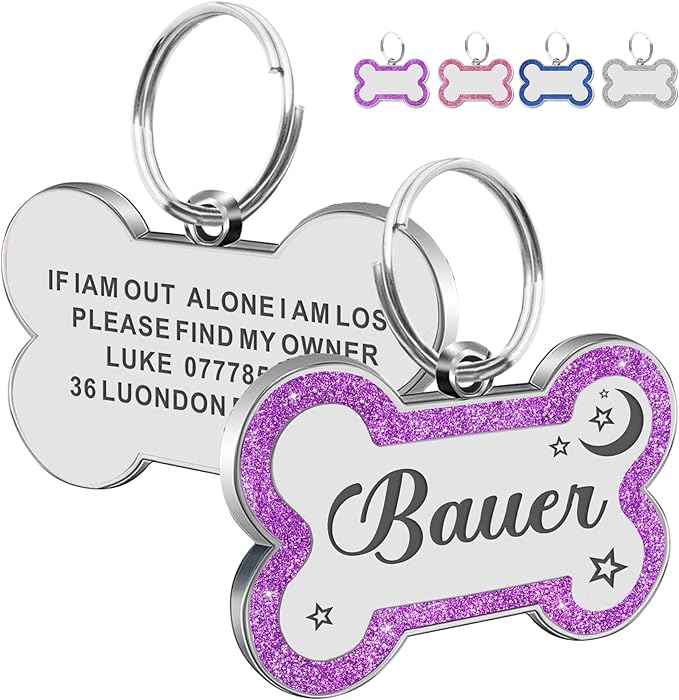 Dog Tags Personalized for Pets Dog Name Tags Personalized Dog Tag Engraved with Any Name & Text Custom Dog ID Tags Glitter Bone ID Tag for Puppy Cat (Purple L, Bone)-PawvioPets