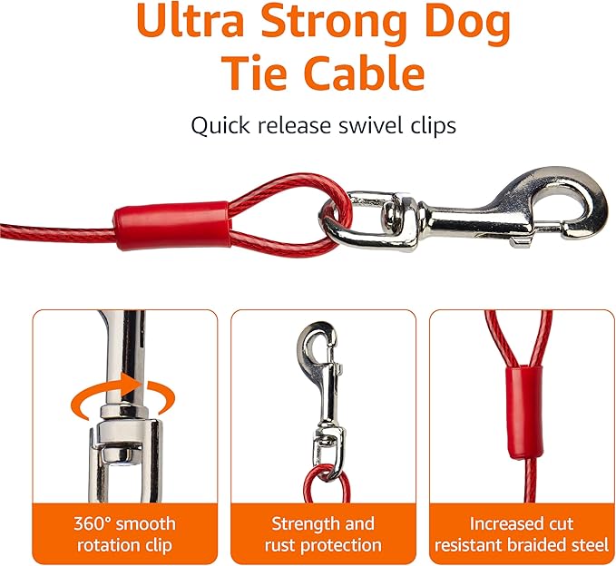 Amazon Basics Tie-Out Cable For Dogs Up to 56.7kg/914.4cm (Pack of 1), Red-PawvioPets