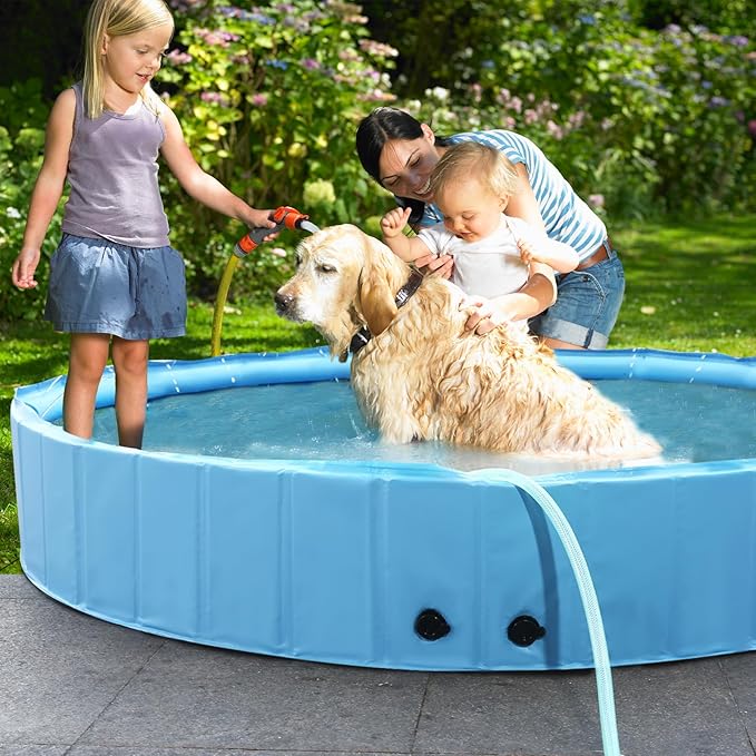 87" Large Dog Pool with Sprinkler, 2-in-1 Foldable Swimming Pool Non-Slip Hard Plastic Splash Sprinkler Kiddie Pool for Outdoor Backyard Kids Dogs Ducks and Pet Baths-PawvioPets