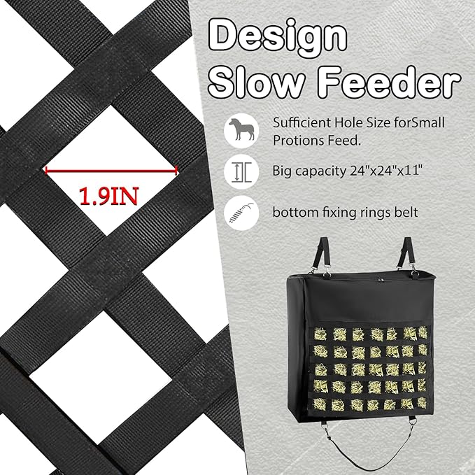1Pcs Hay Bag for Horse,1200D Oxford Fabric Slow Feed Bags with Front Hay Nets Design and Heavy Duty Zipper Large Top Load Feeding Bag for Horses and Livestock,Black-PawvioPets