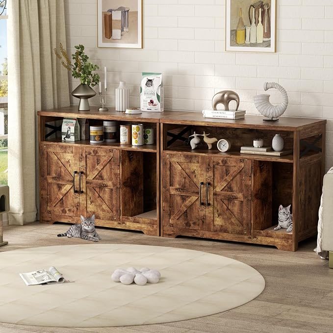 Cat Litter Box Enclosure, Hidden Litter Box Furniture with Scratch Pad, Farmhouse Indoor Cat House Washroom End Table, Rustic Brown-PawvioPets