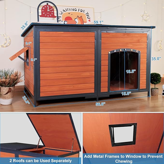 Extra Large Dog House Outdoor 59.1" L Outside Insulated Dog Kennel Weatherproof Winter, 6 Sides All-Round Foam for Small Medium Large Extra Large Dogs, Strong Metal Chew Proof Frame Window-PawvioPets
