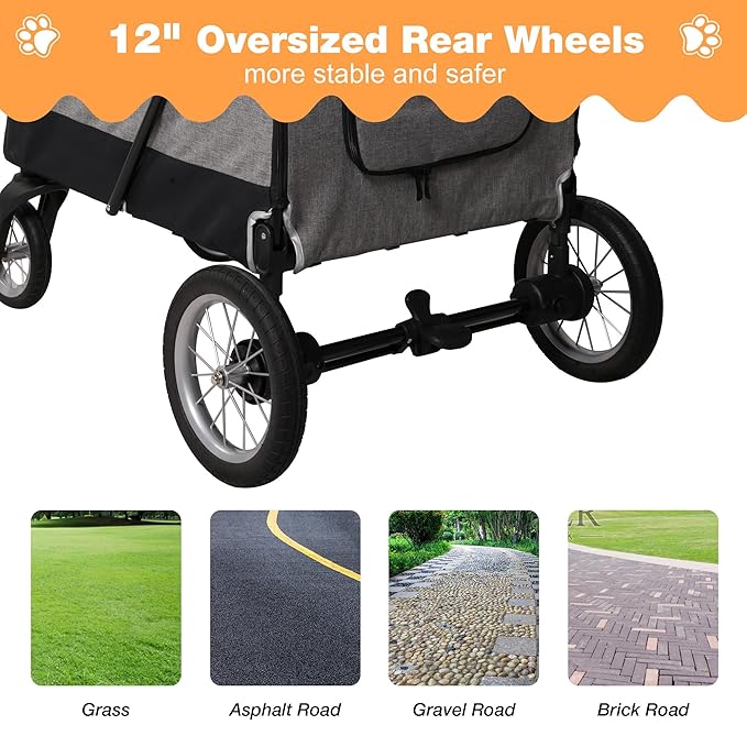 4 Wheel Pet Stroller with Storage Basket - Foldable & Breathable with Mesh Skylight, Large Dog Stroller with Adjustable Handle - Ideal for Travel and Walking with Medium to Large Dogs, Up to 120 lbs-PawvioPets