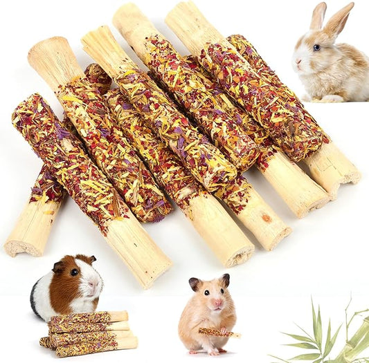 Abizoo Natural Rabbit Chew Toys,10 Sticks Sweet Bamboo Sticks for Rabbits with Petals,Bunny Chew Toys for Guinea Pig,Chinchilla,Hamster Treats Pet Wood Chews Snack Healthy Small Animals Toys for Teeth-PawvioPets