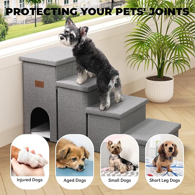 Dog Stairs 23" H, 4-Step Wider Dog Steps for High Beds Window, Folding Storage Pet Stairs Gift for Small/Medium/Large Old Dogs Cats, Ramp for Climbing Car Up to 200 lbs (Gray, with Condo)-PawvioPets