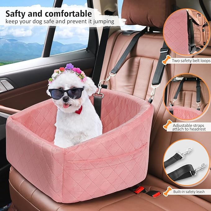 Dog Car Seat for Small Medium Dogs,Detachable Washable Dog Booster Seat Under 30lbs, Pet Car Seats Travel Bed with Storage Pockets and Safety Belt(Pink)-PawvioPets