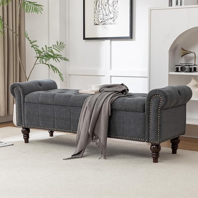 58’’ Storage Bench for Bedroom, Upholstered Button-Tufted Ottoman with Solid Wood Legs, Large End of Bed Shoe Cabinet, Window Seat Foot Rest Stool for Entryway, Closet, and Living Room (Dimgray)-PawvioPets