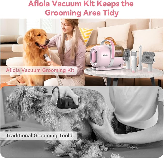 Afloia 6-in-1 Dog Grooming Kit, Pet Grooming Vacuum for Shedding, Dog Hair Vacuum with Clipper Nail Trimmer Grinder, Pet Brush Groomer at Home, Low Noise Cats Hair Remover, 1.5L Dust Cup, Pink-PawvioPets