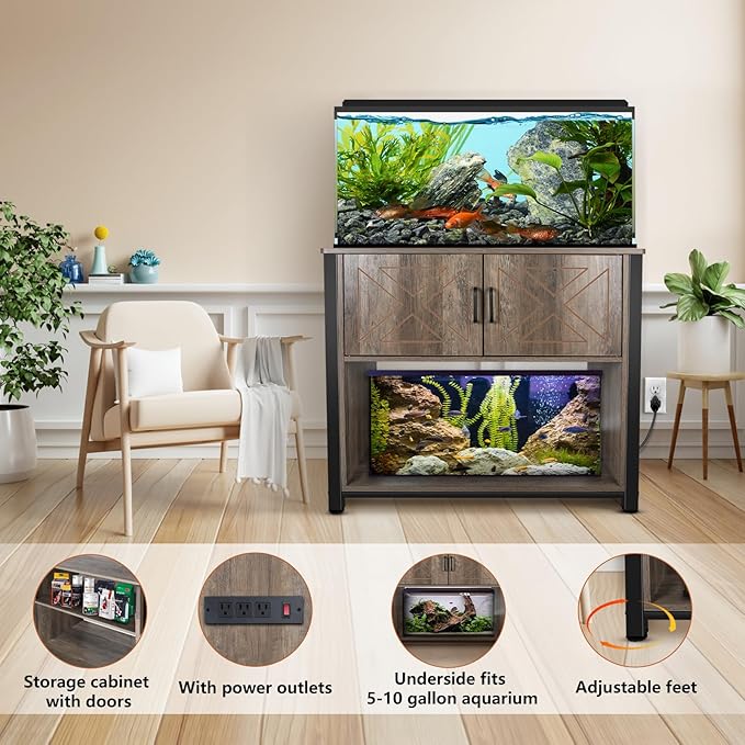40 Gallon Aquarium Stand with Cabinet & Power Outlets, Heavy Duty Metal Stand for 40-50 Gallon Breeder & Turtle Tanks, Double Terrarium Stand, 660LBS Capacity, Grey-PawvioPets