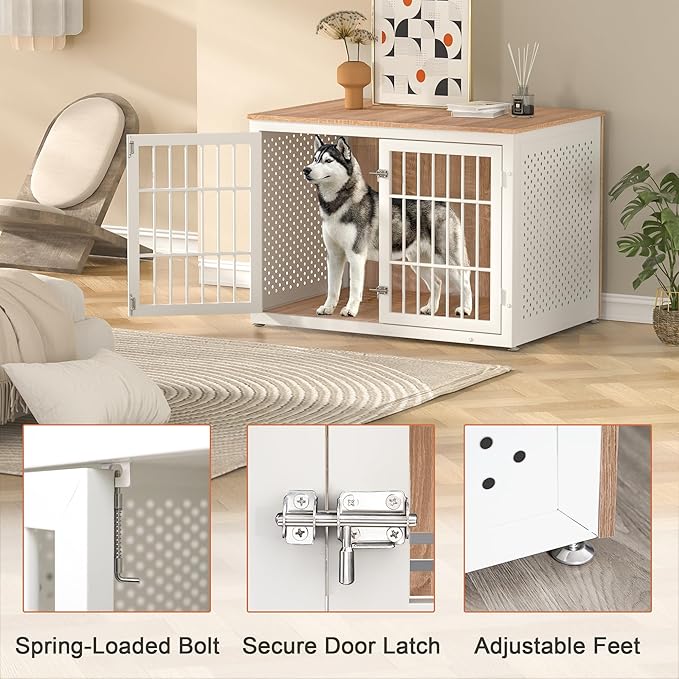 42" Heavy Duty Dog Crate Furniture for Large Dogs, Metal Kennel for High Anxiety Dogs, White Wooden Cage Furniture Indoor, Decorative Dog Kennel End Table, XL-PawvioPets