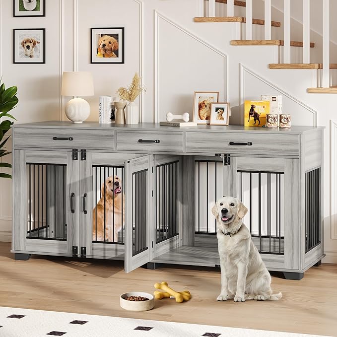 71 Inch Dog Crate Furniture for 2 Rooms, Wooden Double Crate Large Breed with Door, Dog Kennel Indoor, TV Stand End Table with Divider for Large Medium Dogs,Grey-PawvioPets