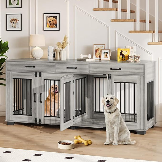 71 Inch Dog Crate Furniture for 2 Rooms, Wooden Double Crate Large Breed with Door, Dog Kennel Indoor, TV Stand End Table with Divider for Large Medium Dogs,Grey-PawvioPets