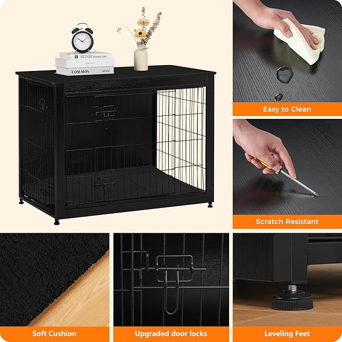 DWANTON Dog Crate Furniture with Cushion, Wooden Kennel Table with Double Doors, Indoor Dog House, Large Size, 38.5" L, Black-PawvioPets
