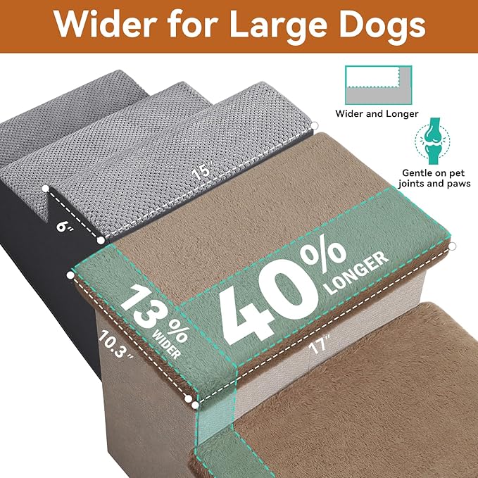 Dog Stairs with Furry Lids 18" H, 3-Step Wider Dog Steps with Storage for Small/Medium/Large Old Dogs Cats, Folding Sturdy Pet Stairs Climbing Bed Couch, Ramp for Car Up to 200 lbs, Khaki-PawvioPets