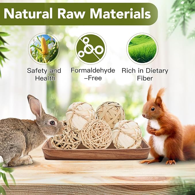 8 Pack Small Pet Chew Toys - 7cm Natural Woven Balls for Rabbits, Guinea Pigs, Hamsters (2 Seagrass, 2 Rattan, 2 Corn Husk, 2 Seaweed Rope) - Safe Dental Grinding Toys-PawvioPets