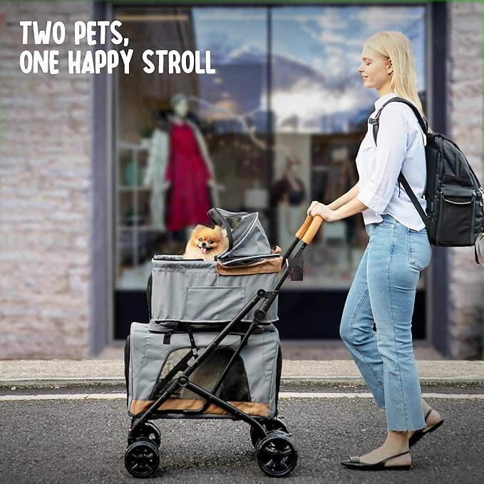 Double Pet Stroller with Detachable Carriers - Ideal for 2 Dogs or Cats - Compact & Convenient Design - Easy Assembly Double Dog Stroller - Graphite Gray-PawvioPets