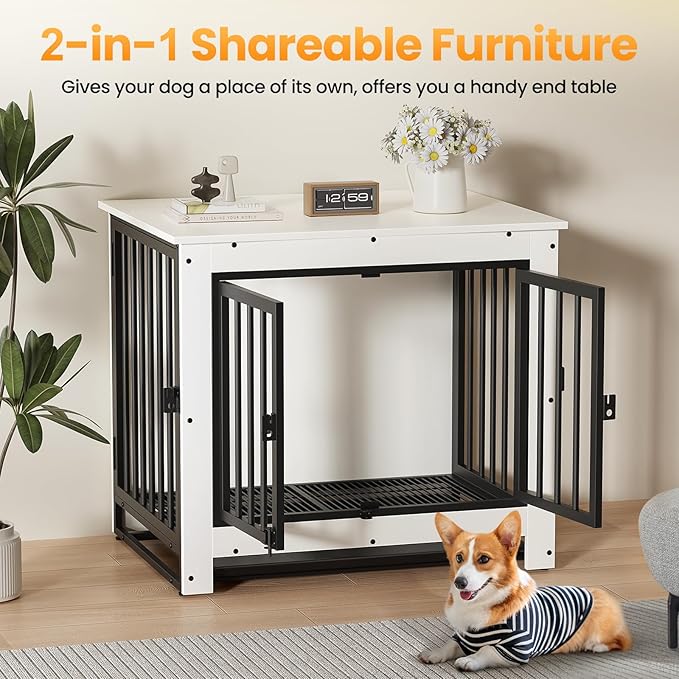 Dog Crate Furniture, Dog Crate End Table for Small and Medium Dogs,Wooden Cage Kennel Furniture Indoor, Modern Dog Crate with Multi-Purpose Removable Tray, Double-Doors Dog Furniture, White-PawvioPets