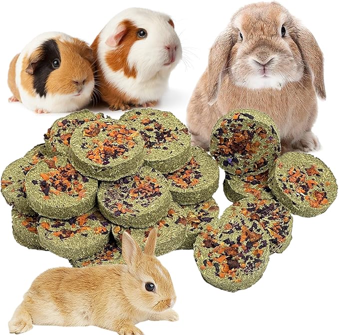 Fhiny 24 PCS Rabbit Chew Toys, Natural Timothy Hay Carrot Pumpkin Purple Potato Biscuit Cubes Bunny Chew Treats for Teeth Care Small Animals Molar Snacks for Hamster Guinea Pig Chinchilla Rat-PawvioPets