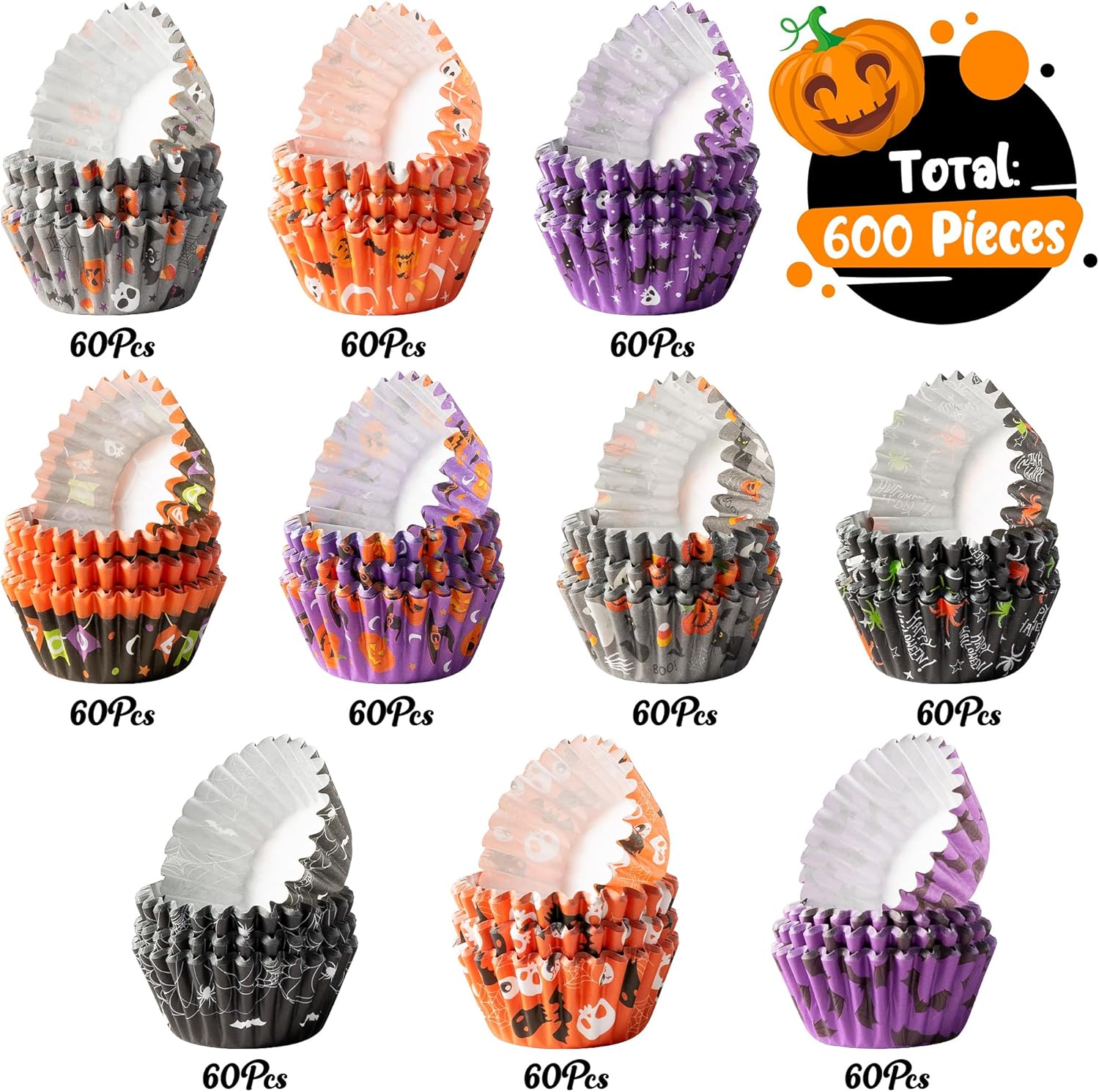 COcnny Halloween Mini Cupcake Liners - 600pcs Halloween Candy Baking Cups Muffin Cupcakes Wrappers, Pumpkin Ghost Skull Disposable Chocolate Cake Wrap Making Supplies for Party (10 Styles)