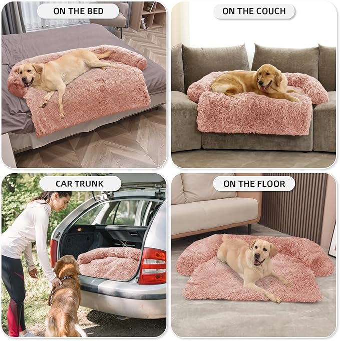 GGIB Calming Dog Bed Fluffy Plush Dog Mat for Furniture Protector with Removable Washable Cover for Large Medium Small Dogs and Cats (Extra Large (53x39.3x6), Pink)-PawvioPets