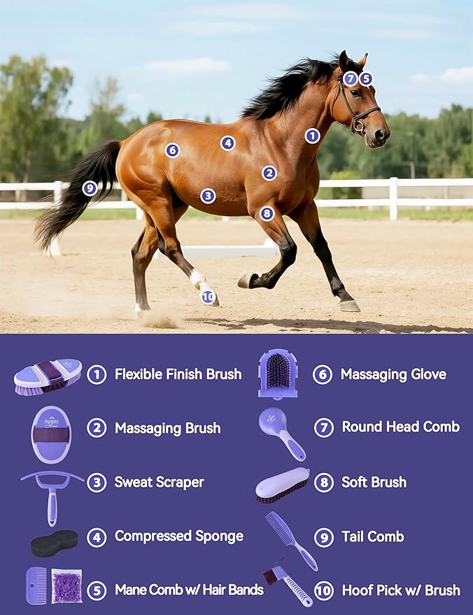 11PCS Horse Grooming Kit Curry Comb Sweat Scraper Horse Bathing Supplies Grooming Tools with Storage Bag Sugar Taro-PawvioPets