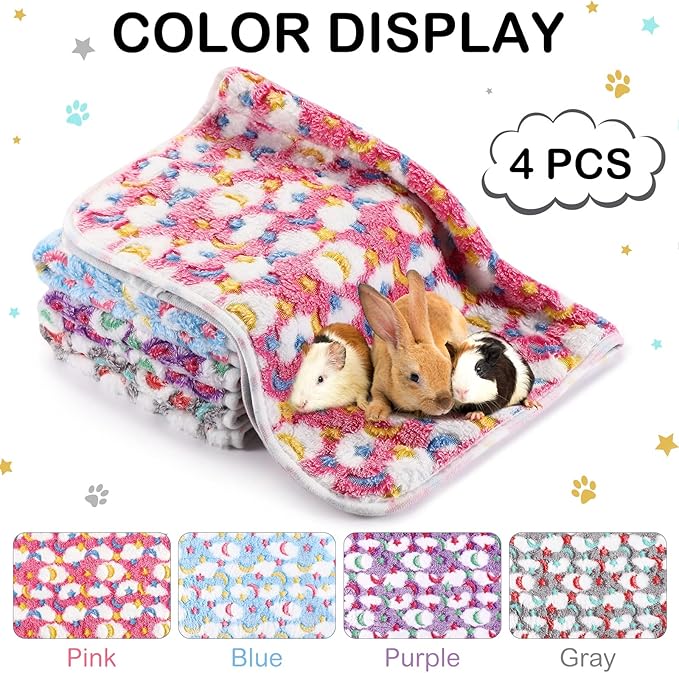 4 Pcs Waterproof Guinea Pig Blankets Washable Small Animal Fleece Bedding Absorbent Guinea Pig Cage Liners Reusable Pet Pee Pad Sleep Mat Pad Cover for Hamster Ferret (Moon Star Pattern,12 x 12 Inch)-PawvioPets