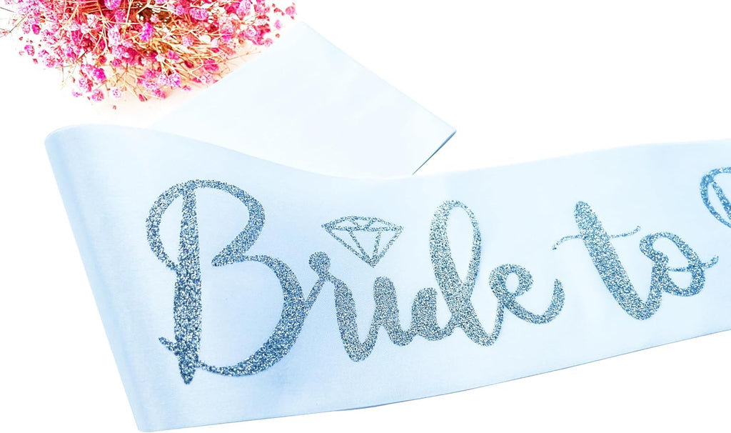 Bride to Be Sash, Bachelorette Party Sash for Bridal Shower Wedding Party Favors Accessories Supplies Engagement Gifts,White Satin with Glitter Letter Silver