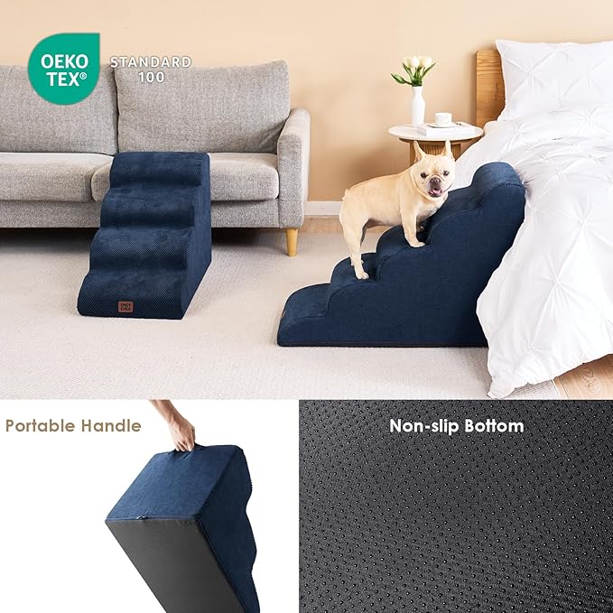 EHEYCIGA Curved Dog Stairs Ramp for High Beds 22.6" H, 5-Step Dog Steps for Small Dogs and Cats, Pet Stairs for High Bed Climbing, Non-Slip Balanced Pet Step Indoor, Navy-PawvioPets