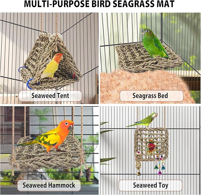 BNOSDM Bird Seagrass Mat, 3 PCS 7.1 x 7.1 Inches Parrot Natural Seagrass Woven Bird Net Hammock Mat, Parakeet Climbing Rope Ladder Chew Toys Hut Hideout for Lovebird Cockatiel Conure Budgie-PawvioPets