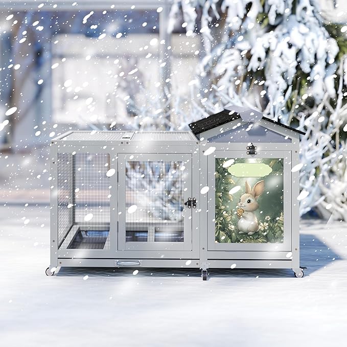 COZIWOW 38.5inches Durable Wooden Rabbit Cage Indoor，Wide Space Small Animal House with Removable Tray&Safety Lock，Rubbit Hutch with Waterproof Roof&Solar Panels (Grey with Pattern)-PawvioPets