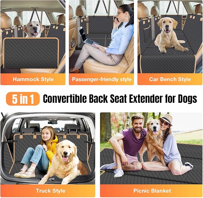 Dog Car Seat Cover for Back Seat, Dog Car Bed Cover with Strong Hard Bottom 4 Panels, Car Back Seat Extender Hammock for Car SUV Truck Black Color-PawvioPets