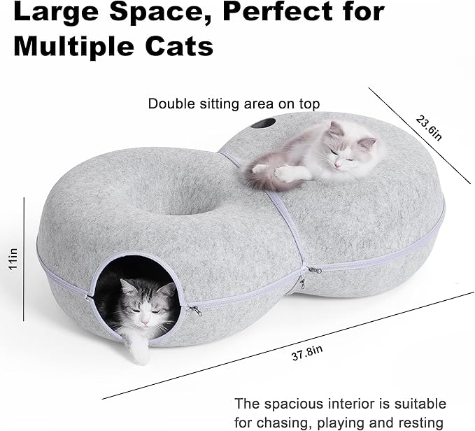 8-Shaped Large Cat Tunnel Bed for Indoor Cats, Infinite Circulation Peekaboo Cat Cave with 12 Toy Balls, Cat Donut Tunnel for Cats up to 30 Pounds (Light Grey, L 38x24x11in)-PawvioPets