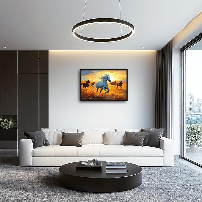 Framed Large Horse Wall Art for Living Room, Oversized Running Horses Wall Decor, Sunset Field Landscape Canvas Painting Home Decoration for Living Room Bedroom Dining Room Office 36"x24"-PawvioPets