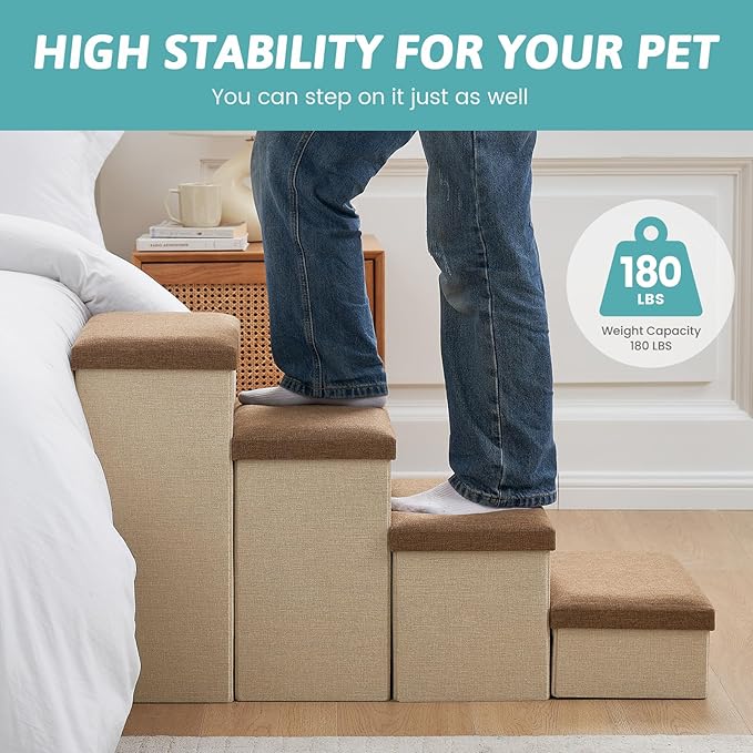 Dog Stairs with Storage, 4-Step Wider Sturdy Dog Steps for Small/Medium/Large Dogs and Older Cats, Folding Doggie Ramp for Bed/Couch/Car Hold Up to 180 lbs (22" H, Brown)-PawvioPets