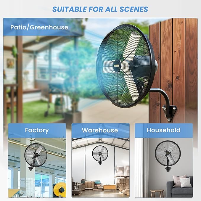 24'' Outdoor Wall Mount Fan, 4 Speed Oscillating Wall Fan with All Sealed Brushless DC Motor, Heavy Duty Industrial Fans, Waterproof Fans for Patios, House, Garage, Commercial, Warehouse, Factory-PawvioPets