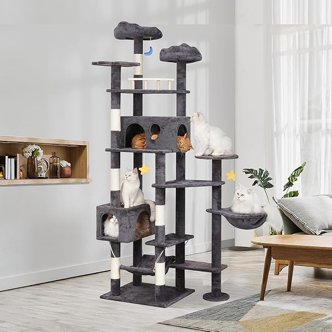 85in Giant Cat Tree for Heavy Duty Big Cats, Large Cat Trees with Scratching Post, Cat Tree Tower with Cat Condos, Hammock & Plush Perch for Maine Coon, Smoky Gray-PawvioPets