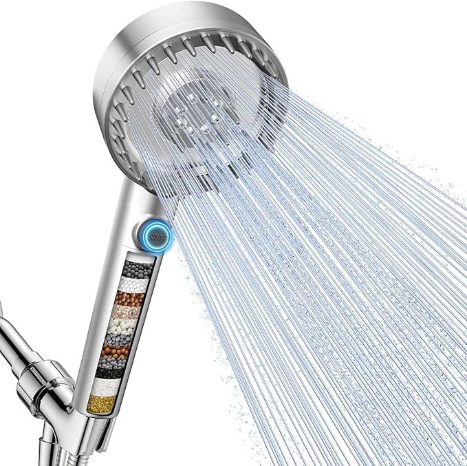 Filtered Shower Head with Handheld, High Pressure 4 Spray Mode Showerhead with Filters, Water Softener Beads for Hard Water with ON/OFF Switch for Pets - Remove Chlorine (Silver, 5 inch Panel)-PawvioPets