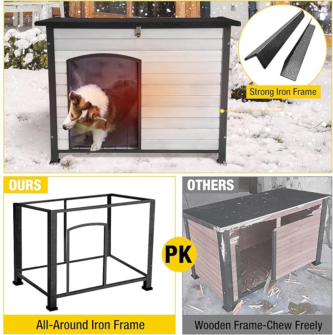 Aivituvin Dog House Outdoor with Insulated Liner, Weatherproof Dog House for Winter, Suitable for Small & Medium & Large Dogs with Unique All-Around Iron Frame(Off-White)-PawvioPets