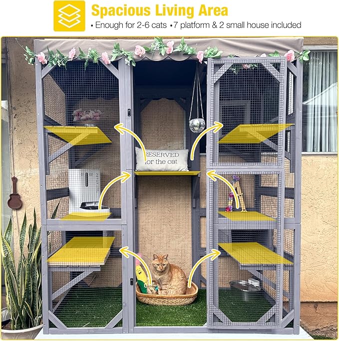 Aivituvin Catio Outdoor Cat Enclosure Large Cat House for Mulitiple Cats Walk in Kitty Cage with Tarp Roof 70"-PawvioPets
