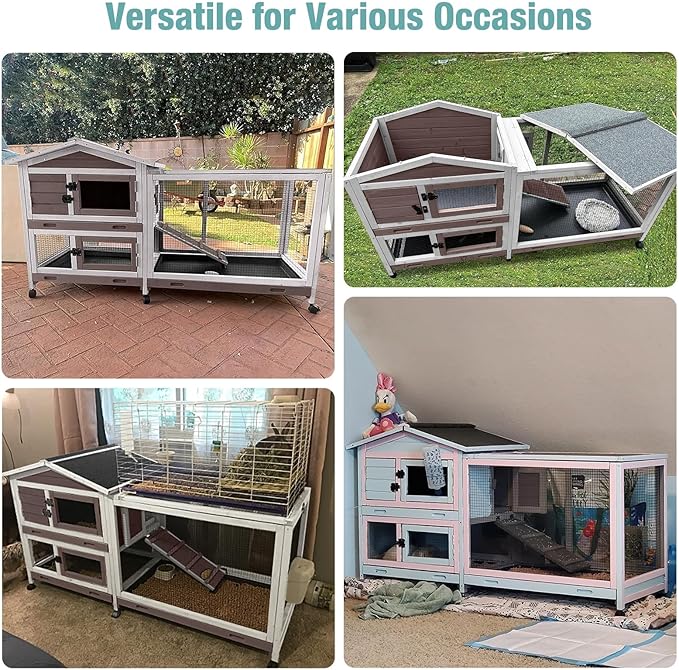 62" Rabbit Hutch with Chew-Proof Ramp & Waterproof Roof - Indoor/Outdoor Bunny Cage, 2-Story Design, 6 Lockable Caster Wheels & Dual Pull-Out Trays (Brown)-PawvioPets