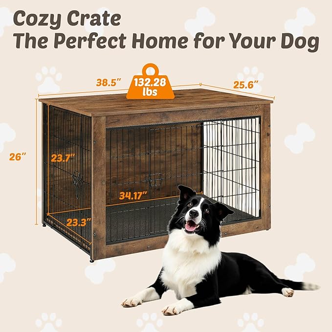 Dog Kennel Furniture, Wooden Dog Crate End Table, Heavy Duty Dog Crate, Decorative Pet Crate Dog Cage for Large Indoor Use (Rustic Brown) 39" L×26" W×27" H-PawvioPets